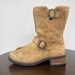 UGG Chaney Mid Boots Women's 7 Tan Brown Suede Buckle Harness Moto 1006042